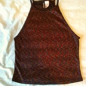 Divided rainbow over black strappy halter top